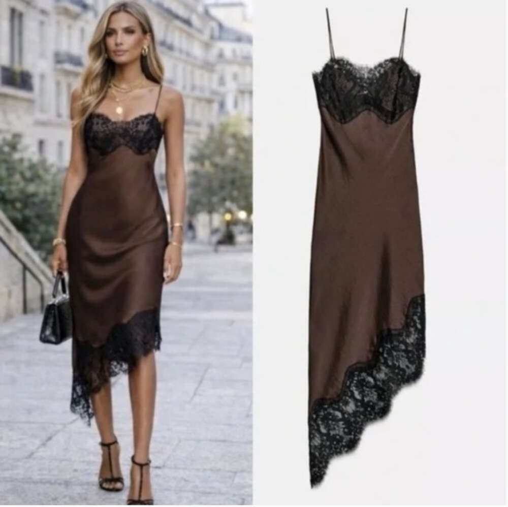 Zara ASYMMETRIC SATIN LACE DRESS Brown Black Size XS S NWT - Picture 2 of 16